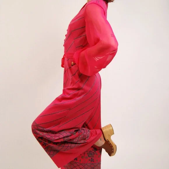 70s Palazzo Jumpsuit (XS) vintage pink alfred shaheen wide leg bishop sleeve 60s